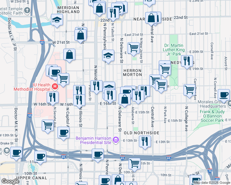 map of restaurants, bars, coffee shops, grocery stores, and more near in Indianapolis