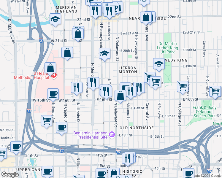 map of restaurants, bars, coffee shops, grocery stores, and more near 1618 North Delaware Street in Indianapolis