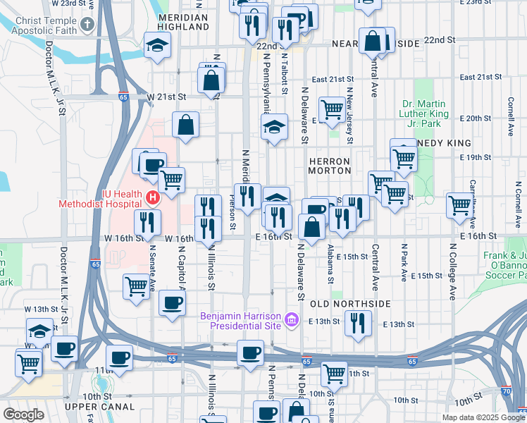 map of restaurants, bars, coffee shops, grocery stores, and more near in Indianapolis