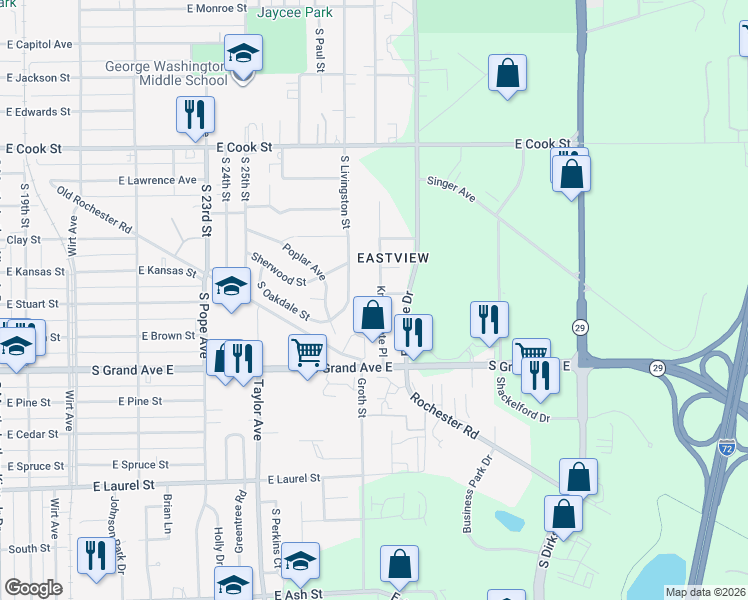 map of restaurants, bars, coffee shops, grocery stores, and more near 1241 Knoll Pointe in Springfield