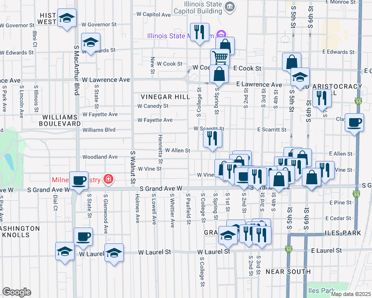 map of restaurants, bars, coffee shops, grocery stores, and more near 308 West Allen Street in Springfield