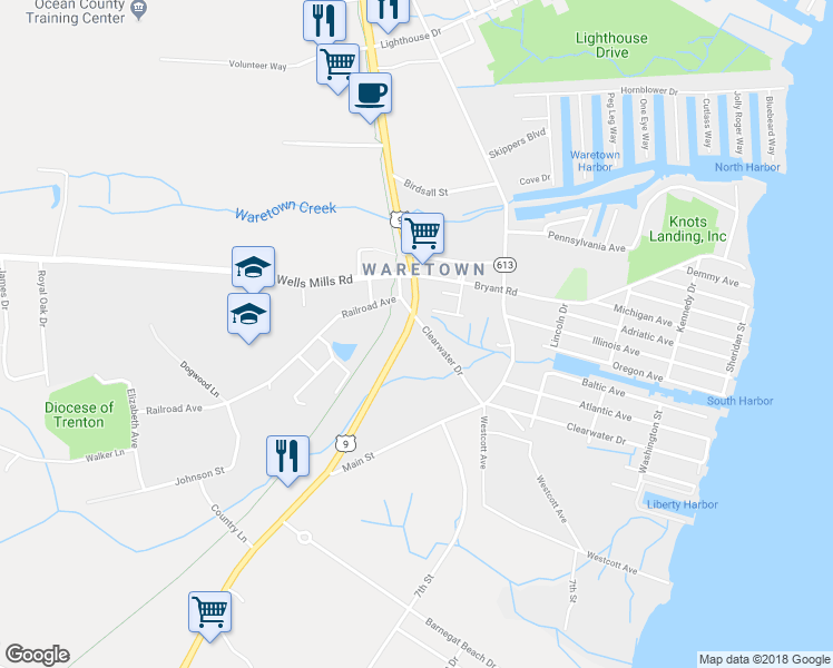 map of restaurants, bars, coffee shops, grocery stores, and more near 448 Route 9 in Ocean Township