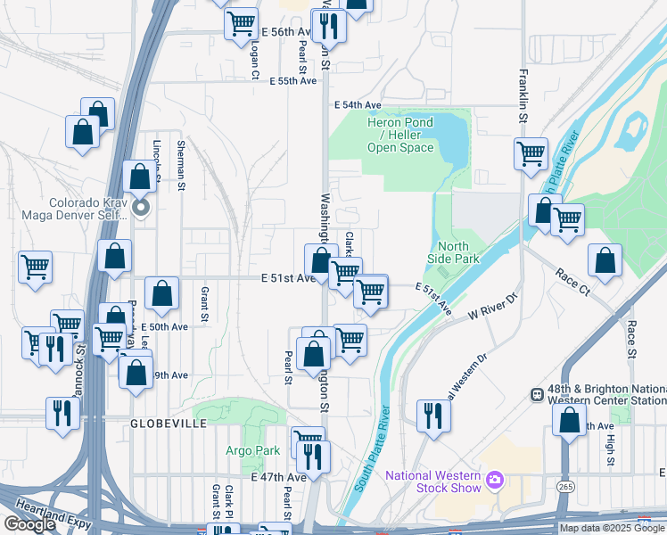 map of restaurants, bars, coffee shops, grocery stores, and more near 770 East 51st Avenue in Denver
