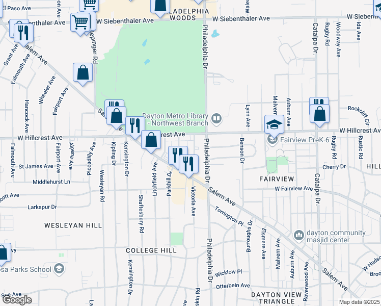 map of restaurants, bars, coffee shops, grocery stores, and more near 2255 Hepburn Avenue in Dayton