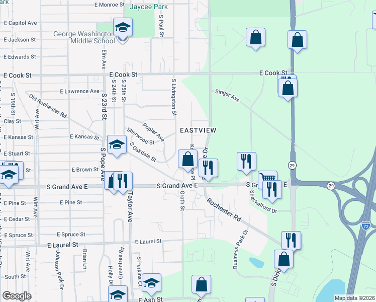map of restaurants, bars, coffee shops, grocery stores, and more near 1241 Knoll Pointe in Springfield