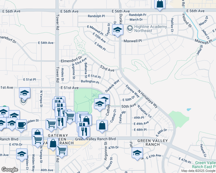 map of restaurants, bars, coffee shops, grocery stores, and more near 19065 Burlington Place in Denver