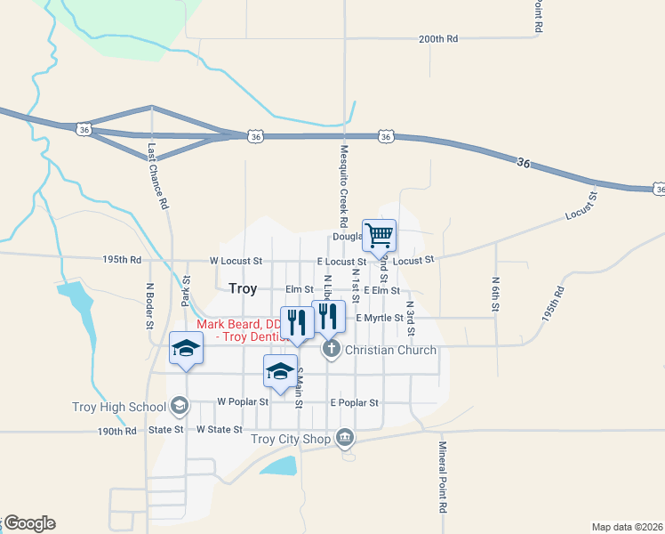 map of restaurants, bars, coffee shops, grocery stores, and more near 200-238 Elm Street in Troy