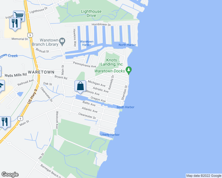 map of restaurants, bars, coffee shops, grocery stores, and more near 99 Adriatic Avenue in Waretown