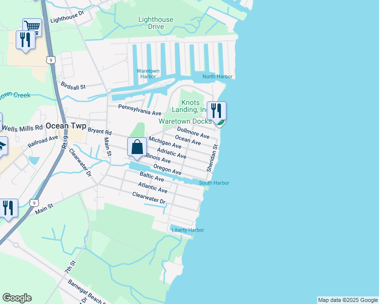 map of restaurants, bars, coffee shops, grocery stores, and more near 99 Adriatic Avenue in Waretown