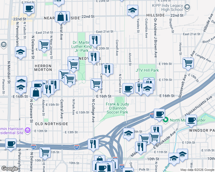 map of restaurants, bars, coffee shops, grocery stores, and more near 1615 Bellefontaine Street in Indianapolis