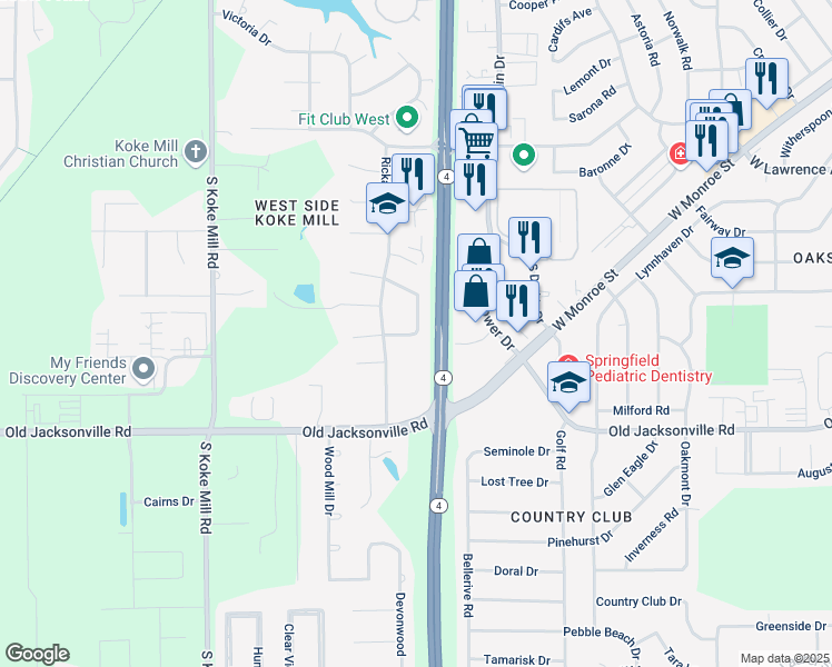 map of restaurants, bars, coffee shops, grocery stores, and more near 806 Freemans Farm Road in Springfield