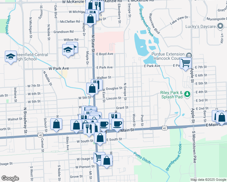 map of restaurants, bars, coffee shops, grocery stores, and more near 216 East Lincoln Street in Greenfield