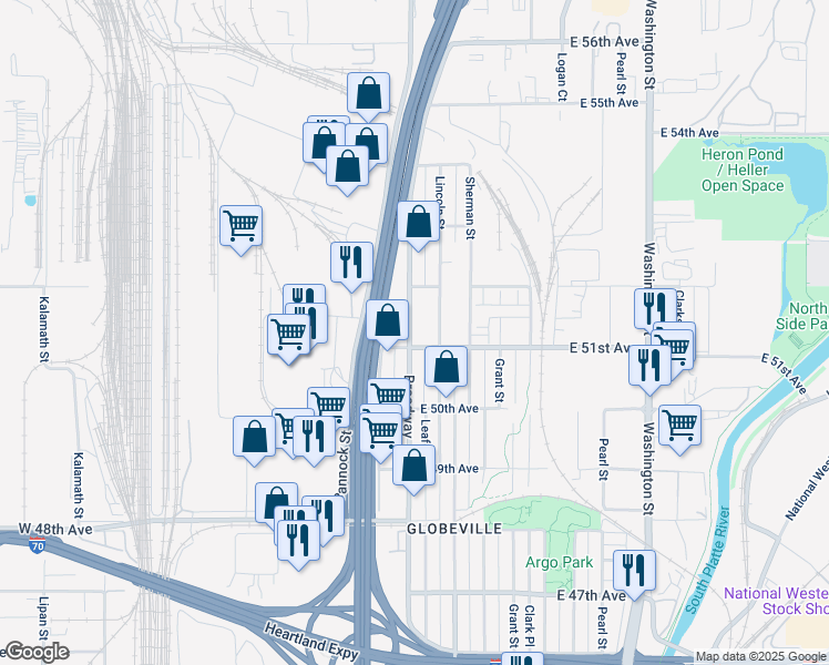 map of restaurants, bars, coffee shops, grocery stores, and more near 5083 Broadway in Denver