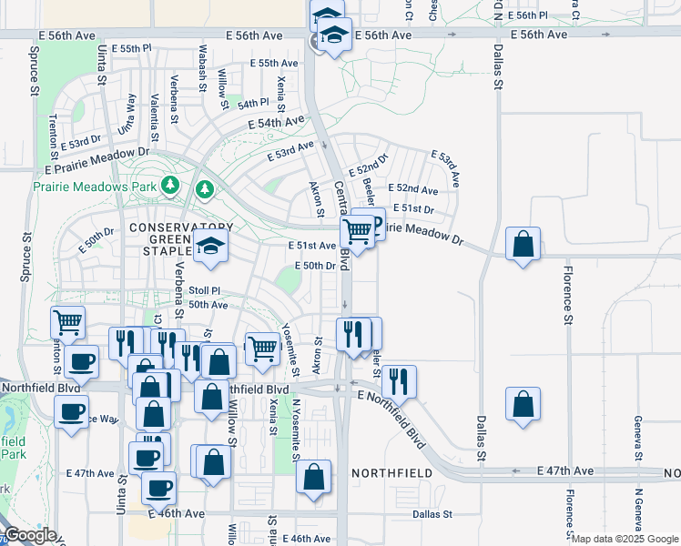 map of restaurants, bars, coffee shops, grocery stores, and more near 5061 Central Park Boulevard in Denver