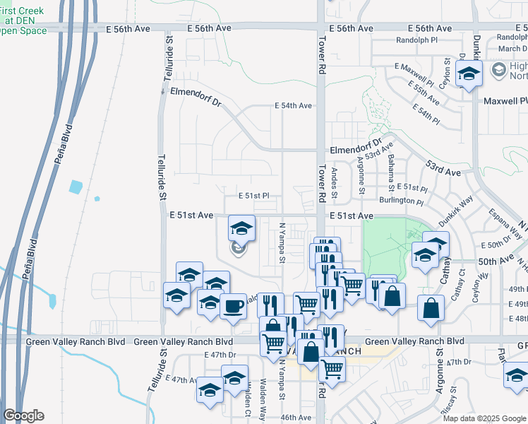 map of restaurants, bars, coffee shops, grocery stores, and more near 4959-5081 Tower Road in Denver