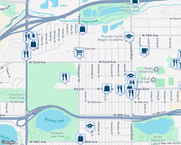 map of restaurants, bars, coffee shops, grocery stores, and more near 5085 Raleigh Street in Denver