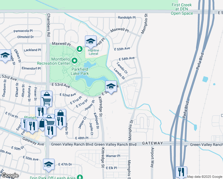 map of restaurants, bars, coffee shops, grocery stores, and more near 5290 Kittredge Street in Denver