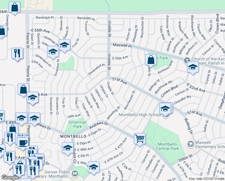 map of restaurants, bars, coffee shops, grocery stores, and more near 5029 Uvalda Street in Denver