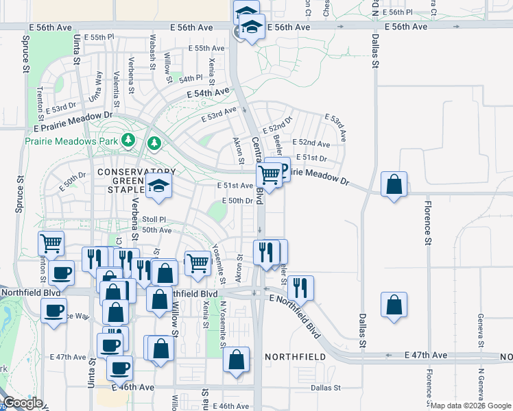 map of restaurants, bars, coffee shops, grocery stores, and more near 5033 Central Park Boulevard in Denver