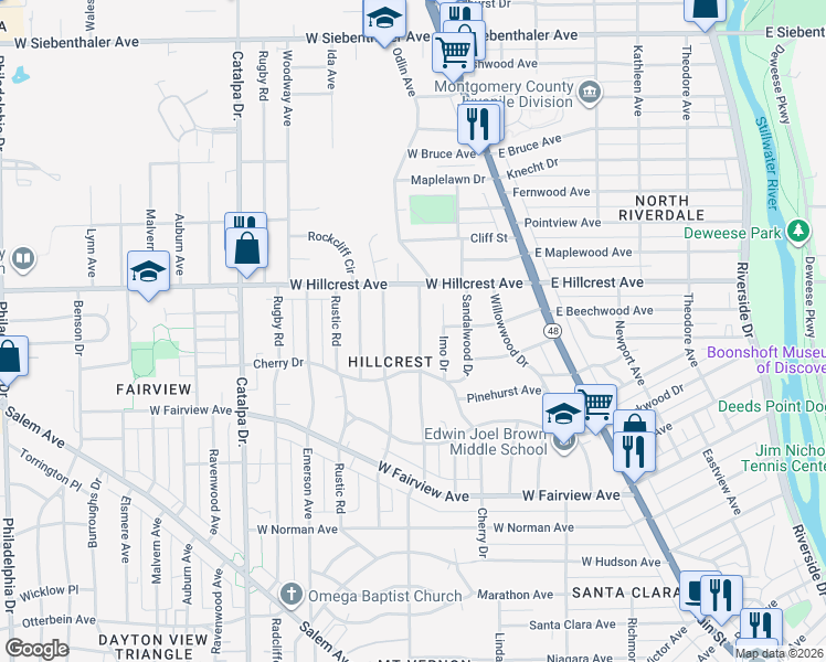map of restaurants, bars, coffee shops, grocery stores, and more near 211 Valleyview Drive in Dayton