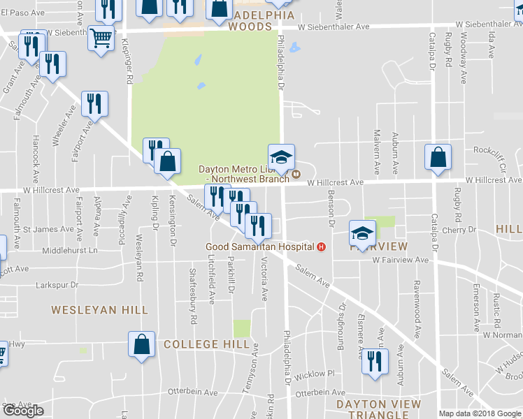 map of restaurants, bars, coffee shops, grocery stores, and more near 2200 Hepburn Avenue in Dayton
