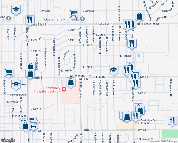 map of restaurants, bars, coffee shops, grocery stores, and more near 5506 East 16th Street in Indianapolis
