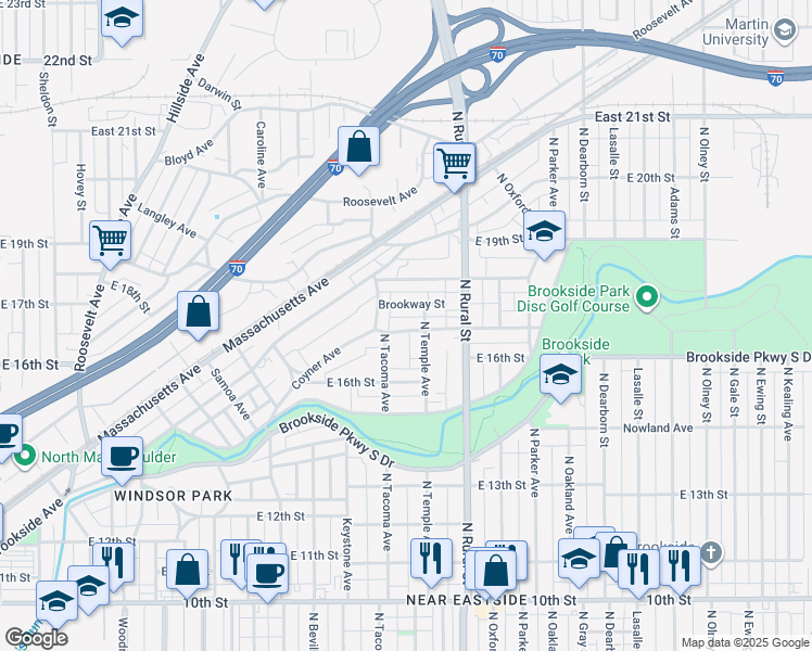 map of restaurants, bars, coffee shops, grocery stores, and more near 1635 North Tacoma Avenue in Indianapolis