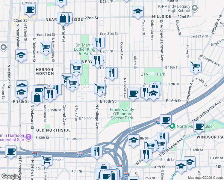 map of restaurants, bars, coffee shops, grocery stores, and more near 1615 Bellefontaine Street in Indianapolis