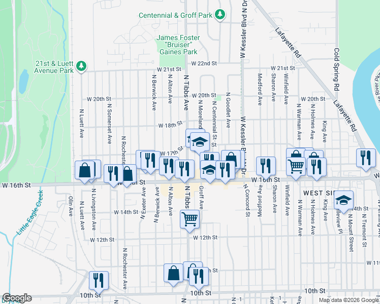 map of restaurants, bars, coffee shops, grocery stores, and more near 1637 North Tibbs Avenue in Indianapolis