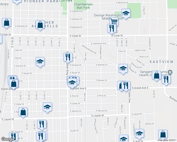 map of restaurants, bars, coffee shops, grocery stores, and more near 2016 East Stuart Street in Springfield