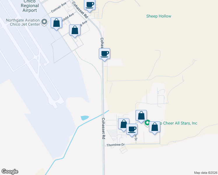 map of restaurants, bars, coffee shops, grocery stores, and more near 3199 Plummers Drive in Chico