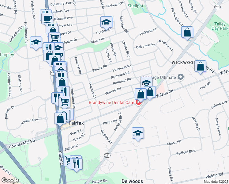 map of restaurants, bars, coffee shops, grocery stores, and more near 224 Waverly Road in Wilmington