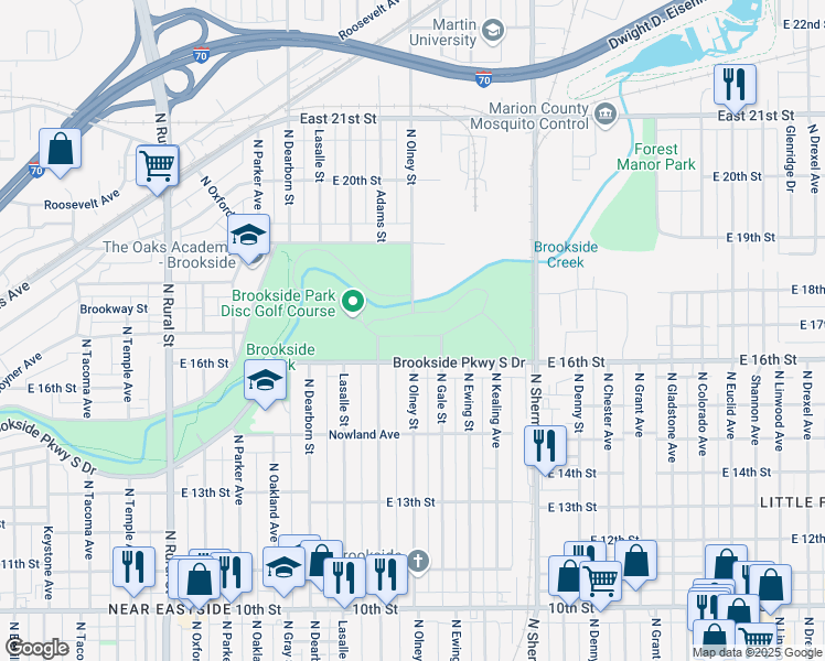 map of restaurants, bars, coffee shops, grocery stores, and more near 3500 Brookside Parkway South Drive in Indianapolis