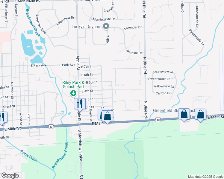 map of restaurants, bars, coffee shops, grocery stores, and more near 1230 East 4th Street in Greenfield
