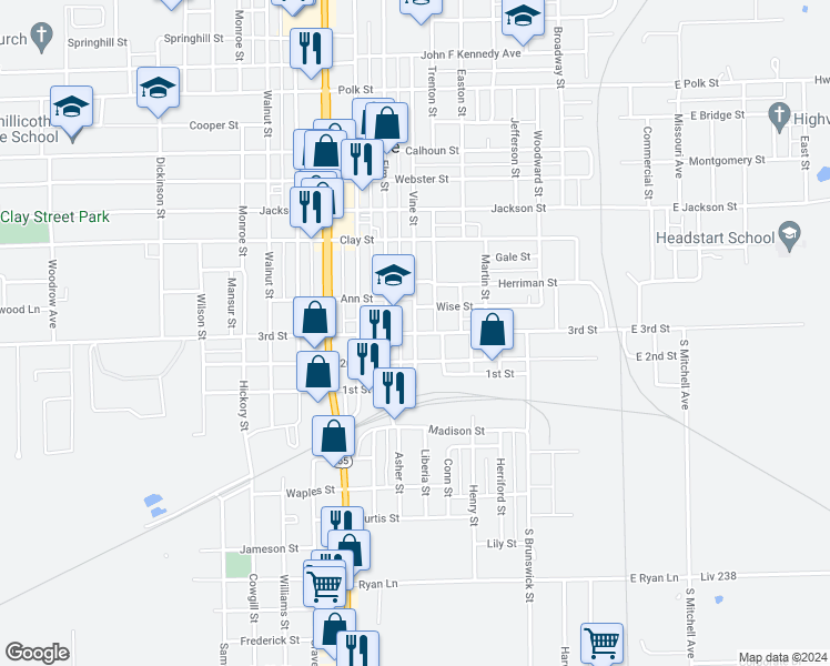 map of restaurants, bars, coffee shops, grocery stores, and more near 300 Vine Street in Chillicothe