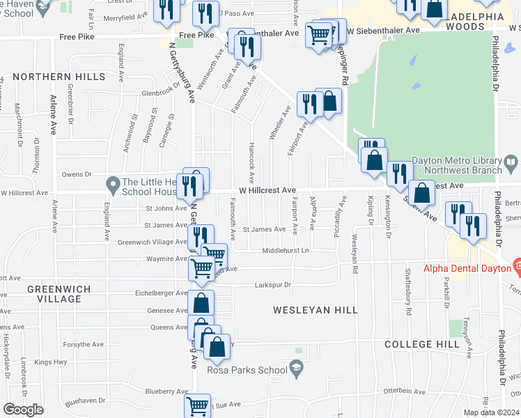 map of restaurants, bars, coffee shops, grocery stores, and more near 2225 Deering Avenue in Dayton