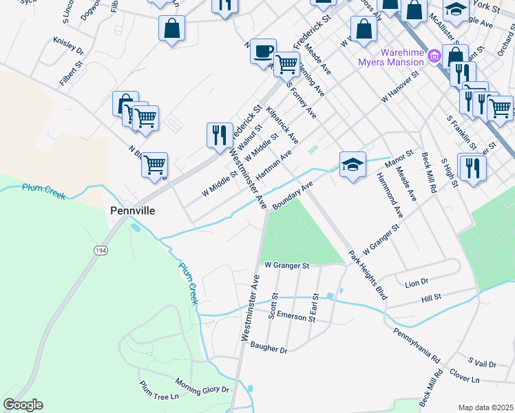 map of restaurants, bars, coffee shops, grocery stores, and more near 217 Westminster Avenue in Hanover