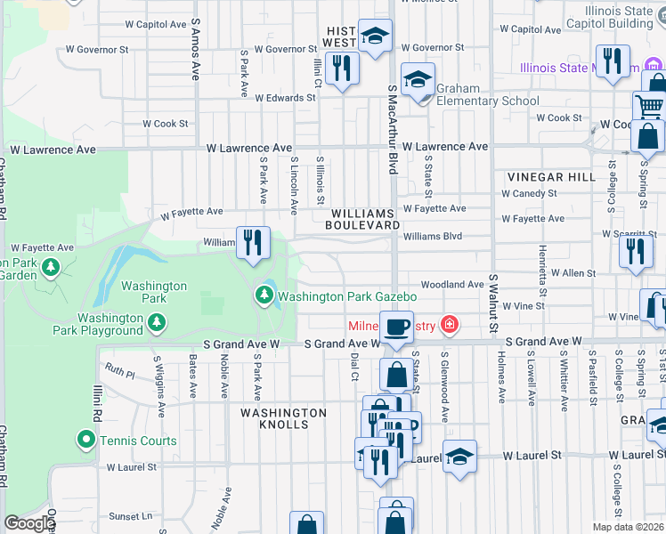 map of restaurants, bars, coffee shops, grocery stores, and more near 1100 Williams Boulevard in Springfield