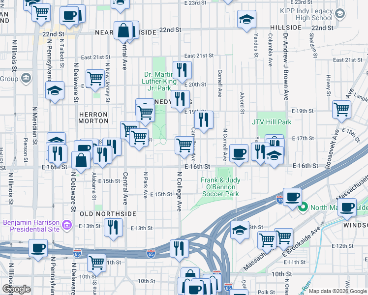 map of restaurants, bars, coffee shops, grocery stores, and more near 1704 North College Avenue in Indianapolis