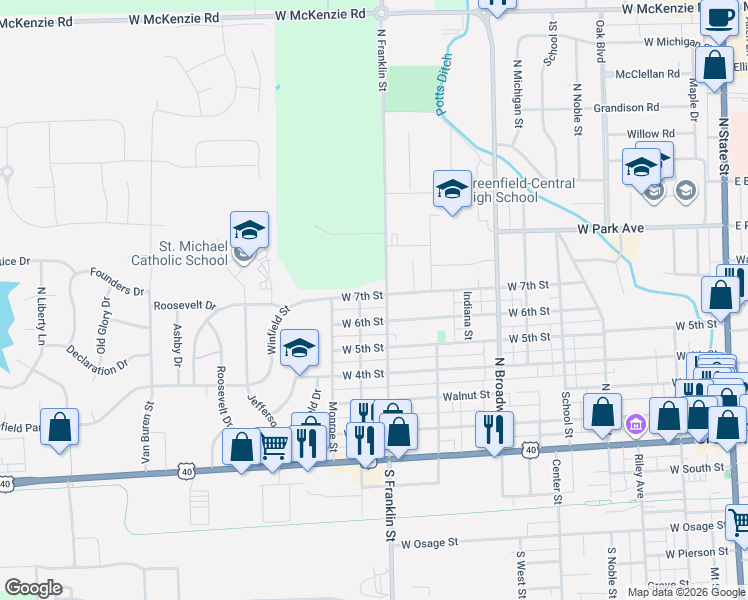map of restaurants, bars, coffee shops, grocery stores, and more near 1022 West 7th Street in Greenfield