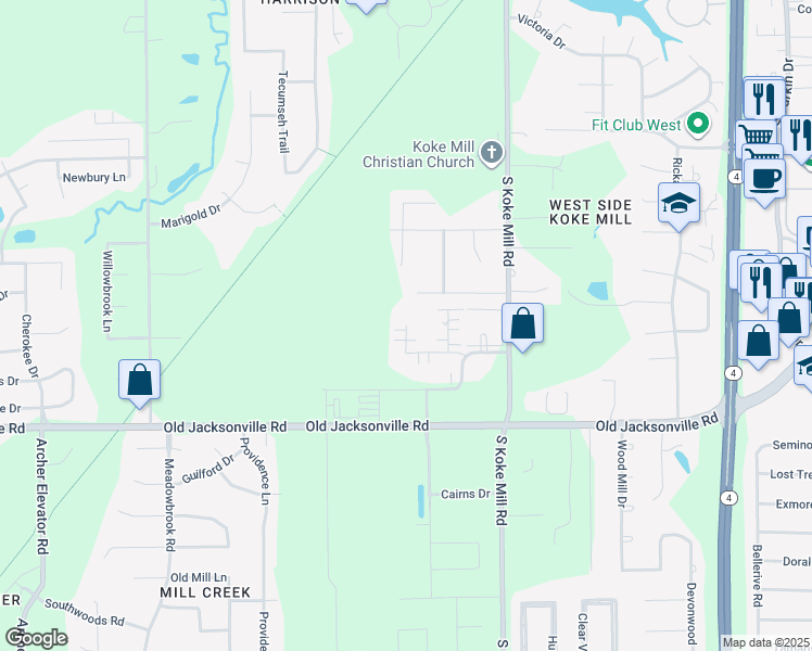 map of restaurants, bars, coffee shops, grocery stores, and more near Longleaf Ct in Springfield