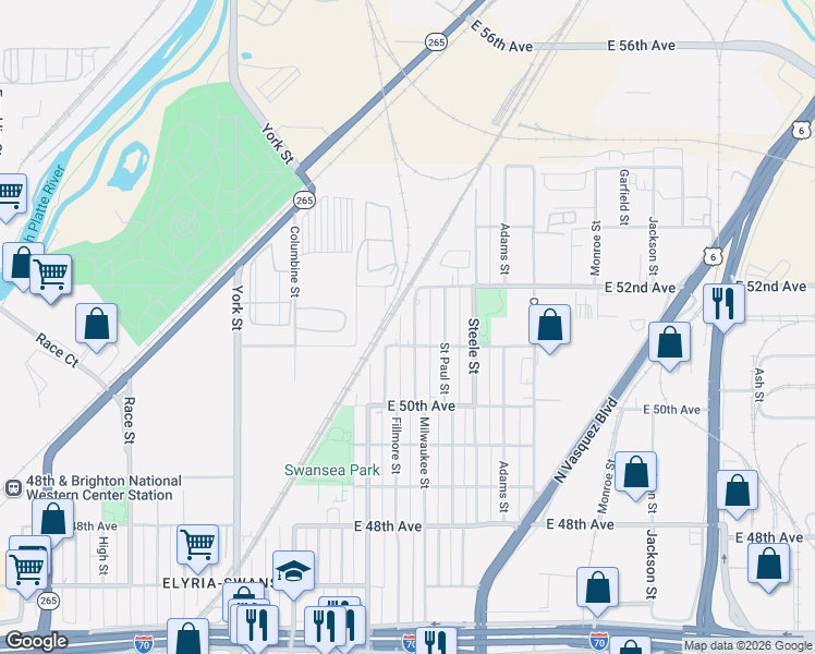map of restaurants, bars, coffee shops, grocery stores, and more near 5170 Milwaukee Street in Denver
