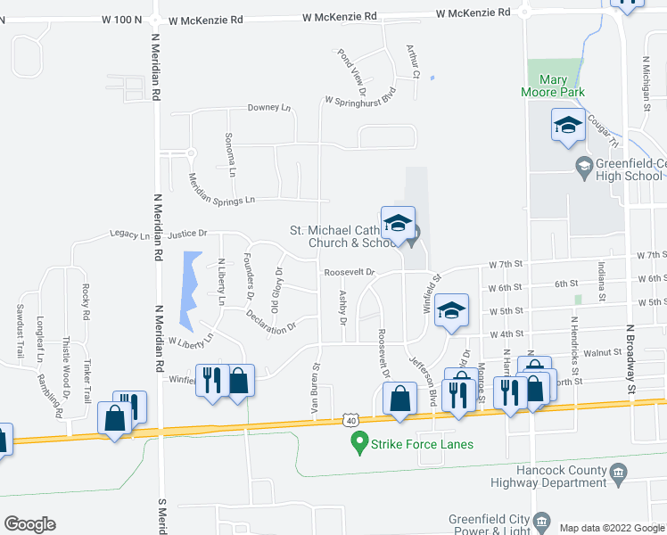 map of restaurants, bars, coffee shops, grocery stores, and more near 1868 Roosevelt Drive in Greenfield