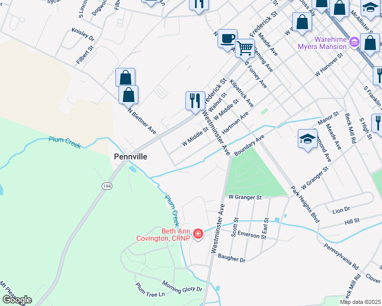 map of restaurants, bars, coffee shops, grocery stores, and more near 831 Hartman Avenue in Hanover