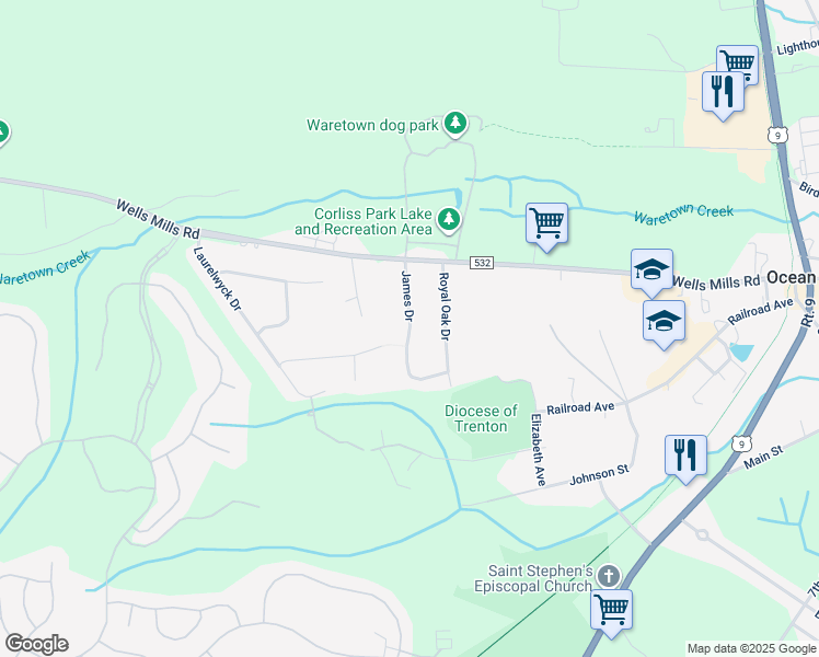 map of restaurants, bars, coffee shops, grocery stores, and more near 13 James Drive in Ocean Township