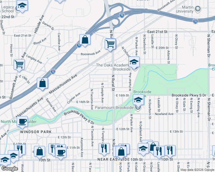 map of restaurants, bars, coffee shops, grocery stores, and more near 2604 Brookway Street in Indianapolis