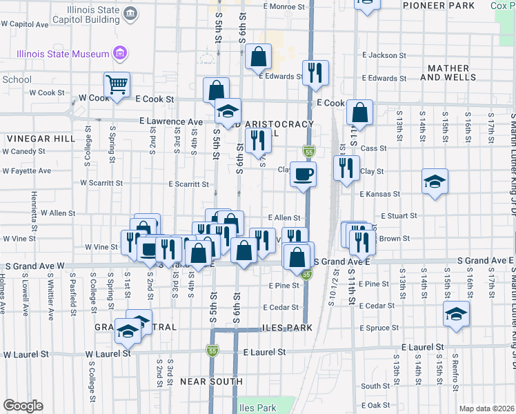 map of restaurants, bars, coffee shops, grocery stores, and more near 1125 South 7th Street in Springfield