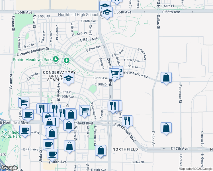 map of restaurants, bars, coffee shops, grocery stores, and more near 5089 Central Park Boulevard in Denver