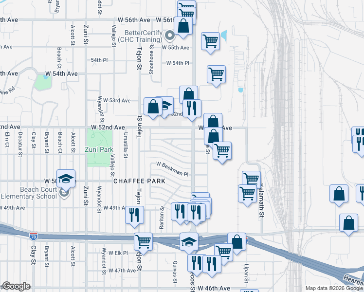 map of restaurants, bars, coffee shops, grocery stores, and more near 1745 West Berkeley Place in Denver