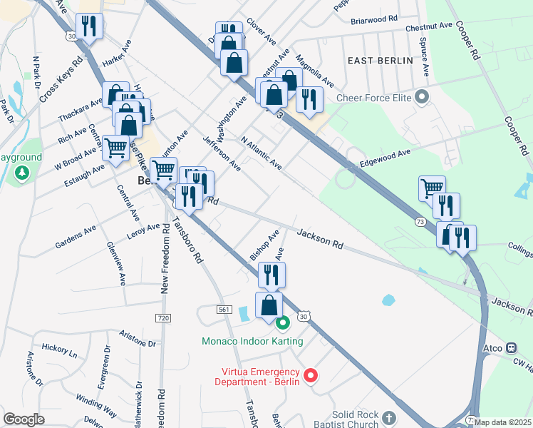 map of restaurants, bars, coffee shops, grocery stores, and more near 114 Marshall Court in Berlin